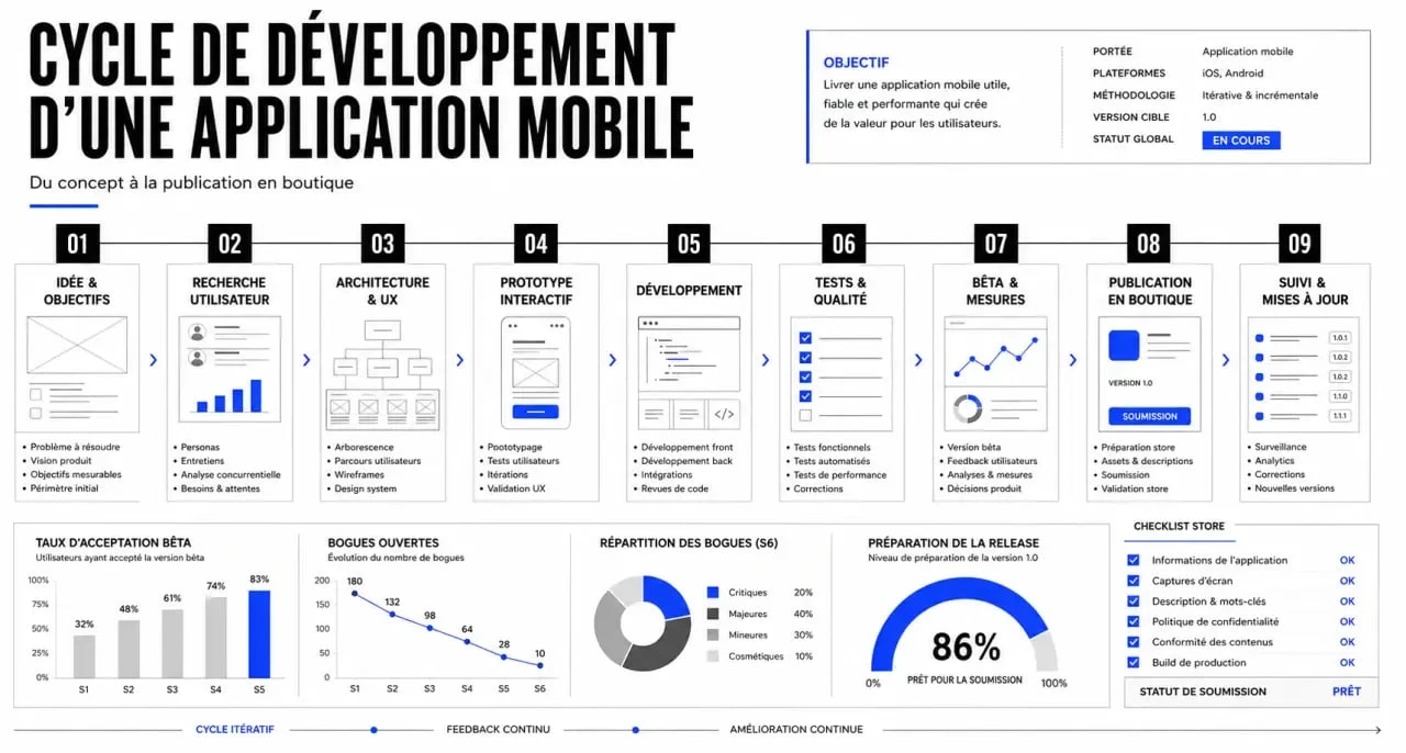 Schéma du cycle de vie du développement d'une application mobile par un développeur application mobile