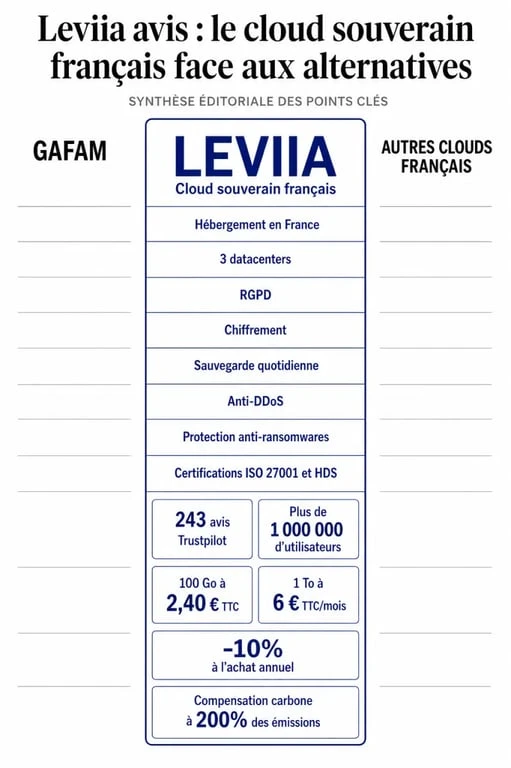 Infographie comparative Leviia avis avec prix, sécurité, certifications et hébergement en France
