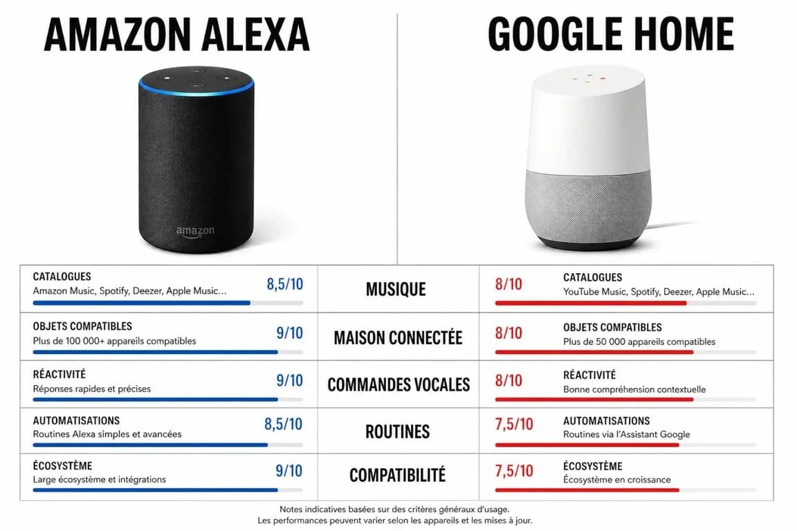 Comparatif Alexa vs Google Home avec différences de musique, domotique et commandes vocales