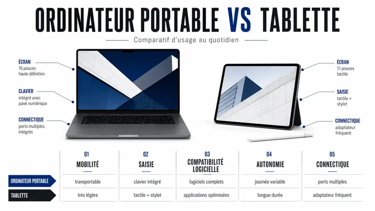 Ordinateur ou tablette : comparaison visuelle entre une tablette tactile et un ordinateur portable