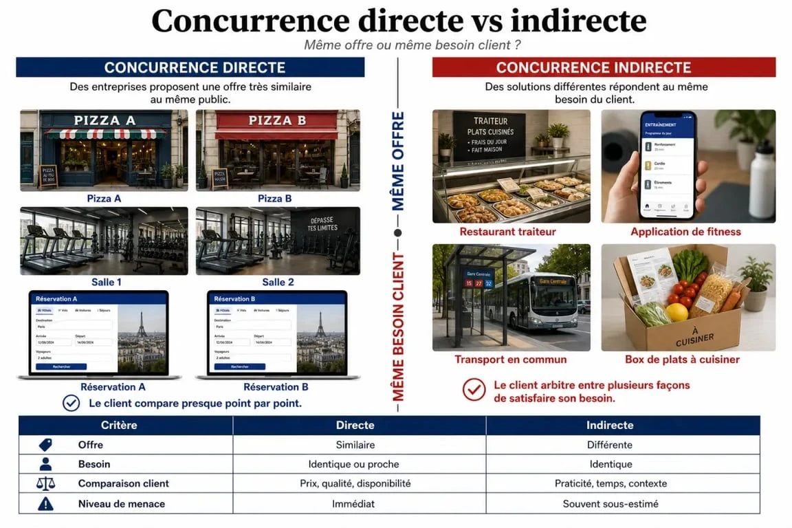 Concurrence direct et indirect exemple avec tableau comparatif entre mêmes offres et mêmes besoins clients