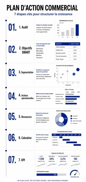 Schéma des 7 étapes pour construire un plan d'action commercial efficace
