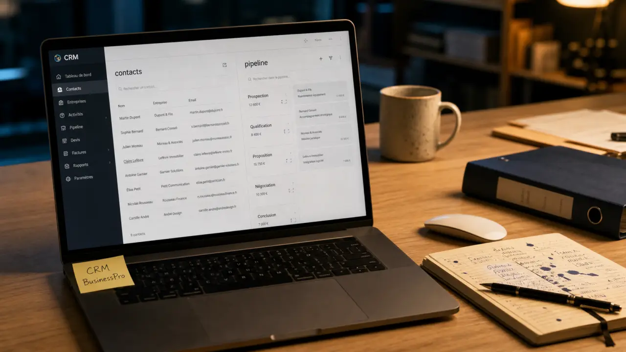 logiciel crm businesspro x4 avis : écran CRM BusinessPro sur bureau