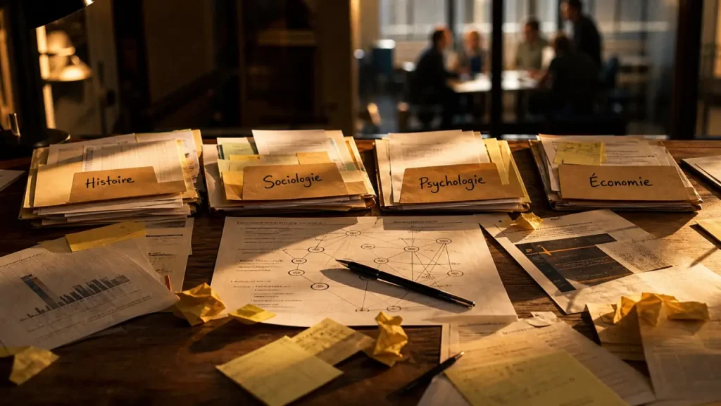 Pluridisciplinarité def : dossiers Histoire, Sociologie, Psychologie et Économie sur table de travail