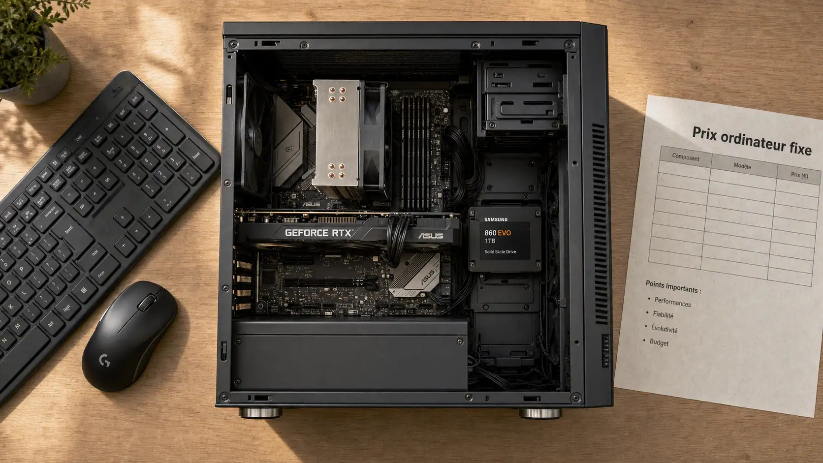 Prix d'un ordinateur fixe : tour PC ouverte et choix de budgets 300, 800, 1 500 €