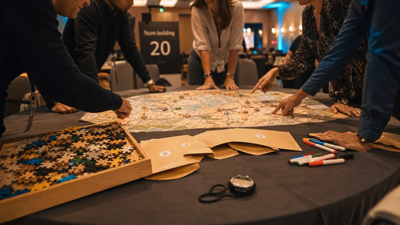 Team building 20 personnes : 4 sous-équipes face à un puzzle en bois
