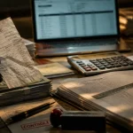 Comptabilité fiche métier : main sur factures, bureau, contrôle et rapprochement bancaire