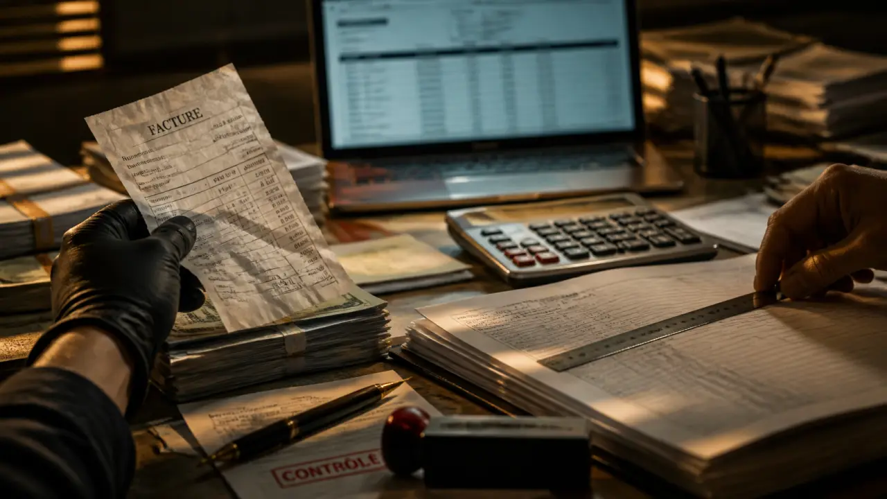 Comptabilité fiche métier : main sur factures, bureau, contrôle et rapprochement bancaire