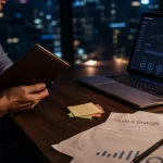 Consultation marketing : consultant tient un carnet, audit KPI sur ordinateur
