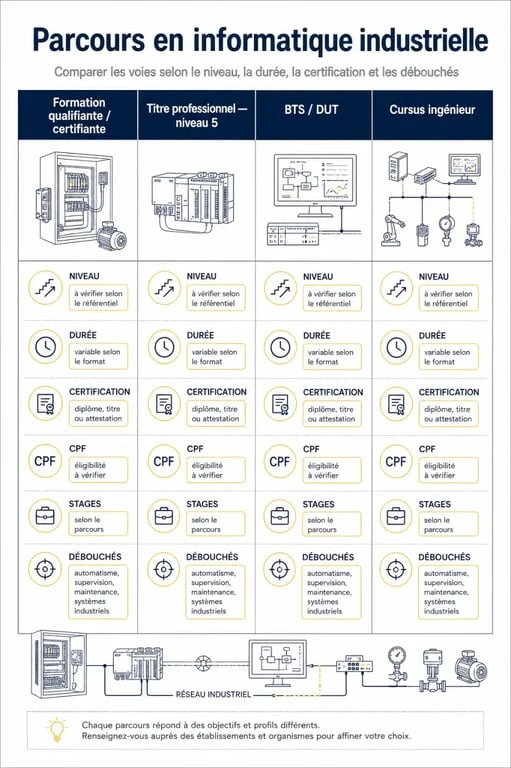 Infographie comparative sur l’informatique industrielle formation et les parcours certifiants, BTS/DUT et cursus ingénieur