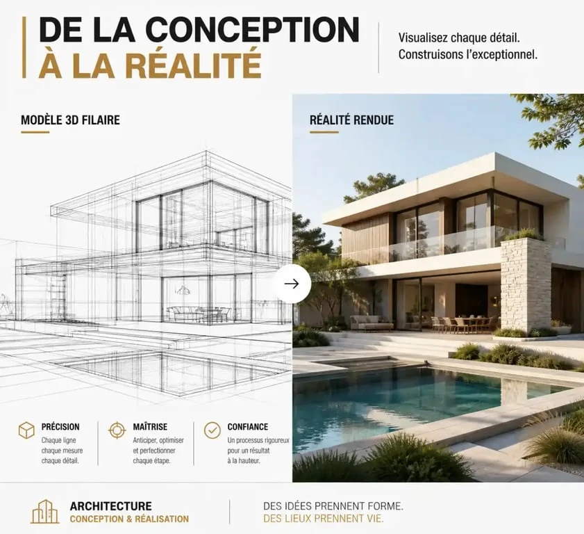 Comparaison entre un modèle 3D brut et un rendu architectural professionnel réalisé avec une formation Twinmotion