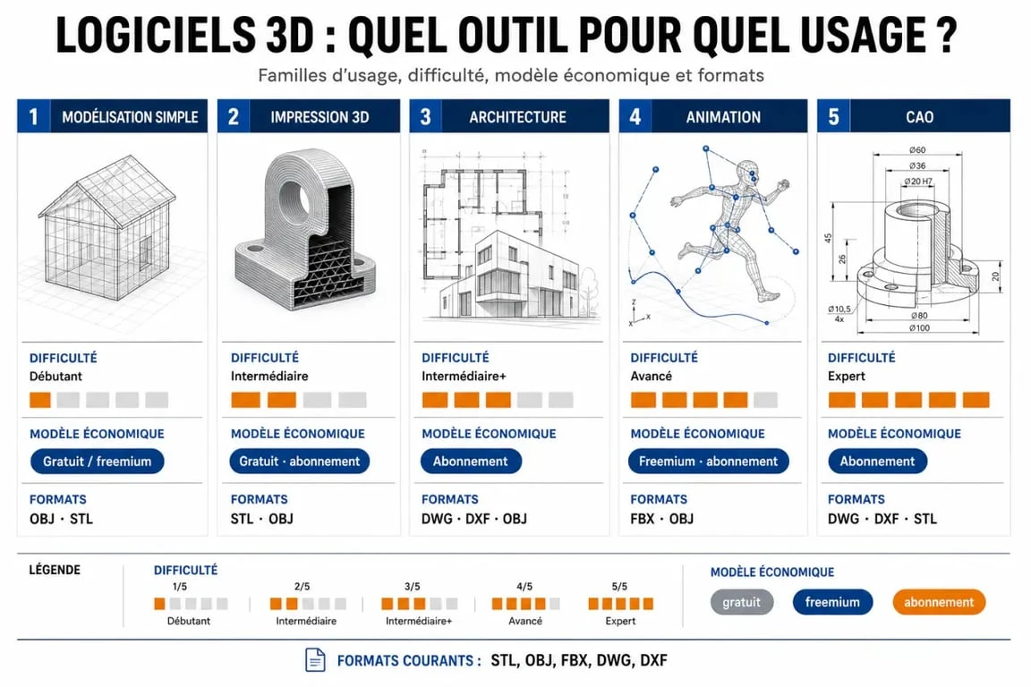 Comparatif 3d logiciel par usage, niveau, prix et formats de fichiers