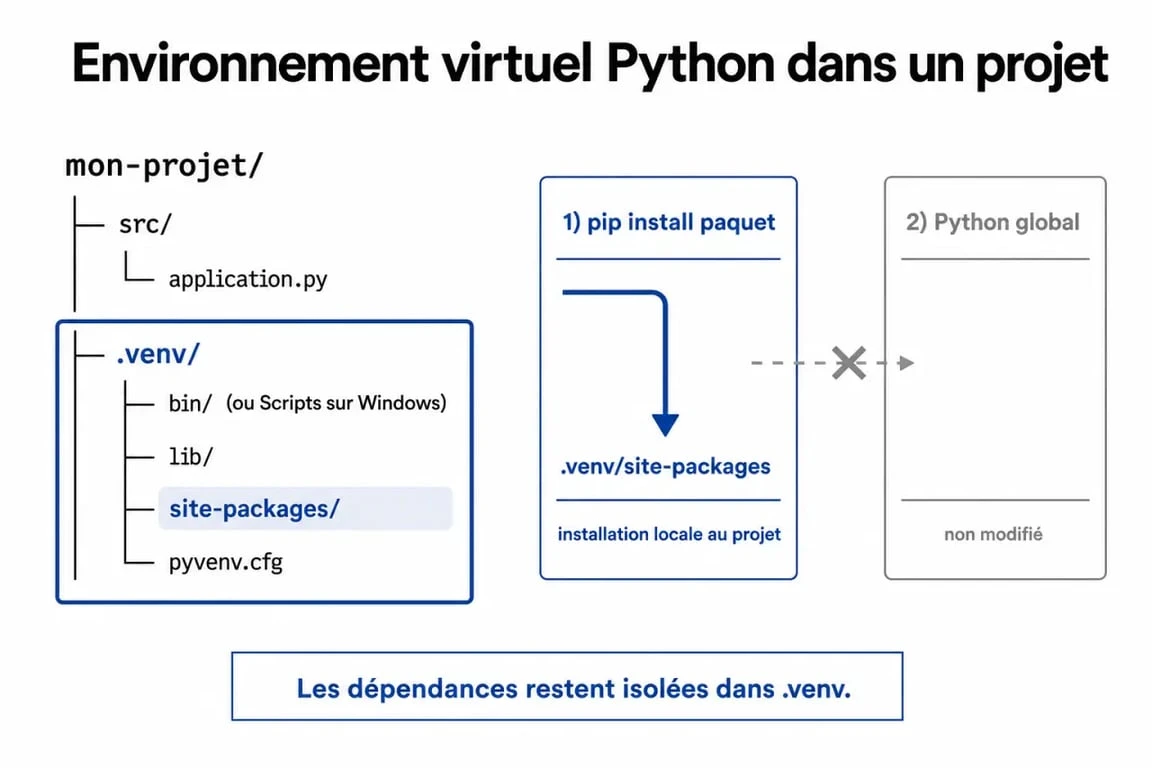 Schéma d’un environnement virtuel Python montrant .venv, bin, lib, site-packages et pyvenv.cfg