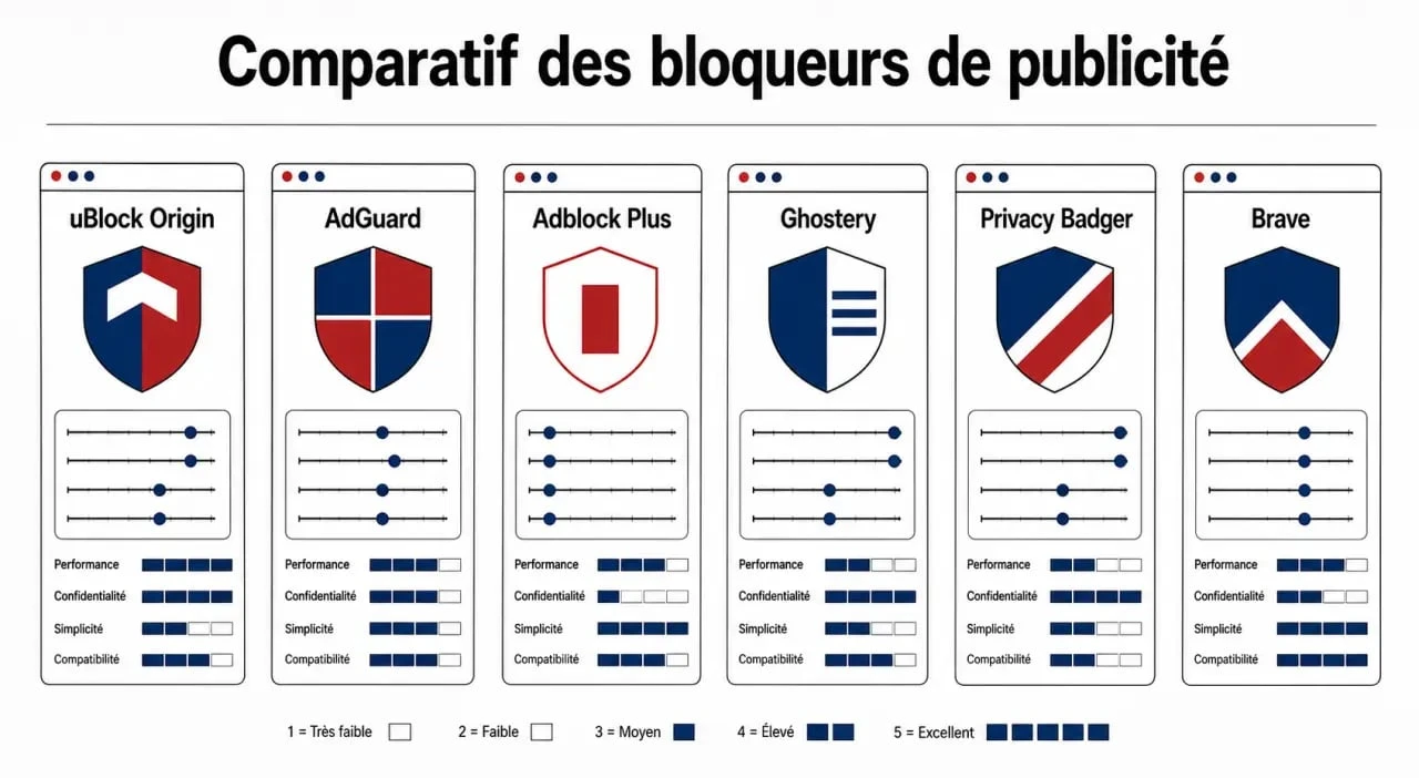 Comparatif des meilleurs bloqueurs de pub sur navigateur avec critères performance, confidentialité et compatibilité