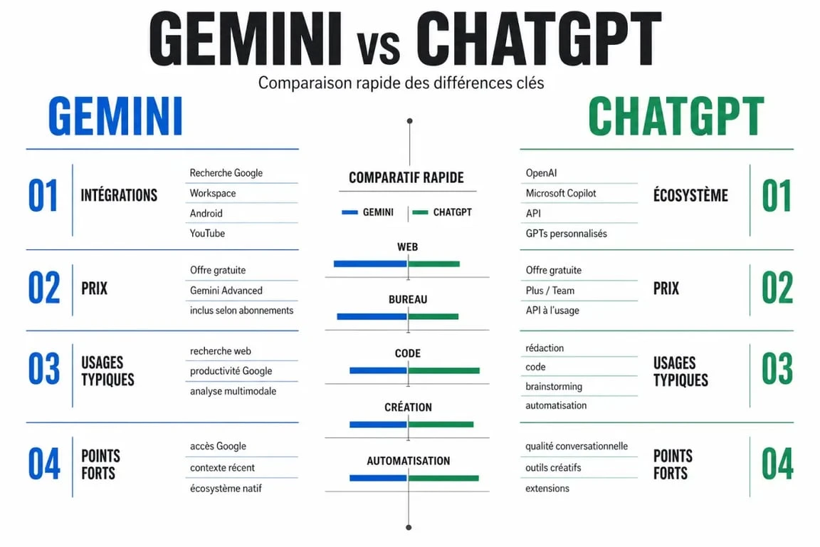 Gemini vs ChatGPT comparatif visuel des différences clés entre les deux IA
