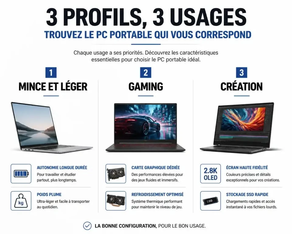 Infographie comparative des profils d'usage pour un configurateur de PC portable : gaming, professionnel et création.