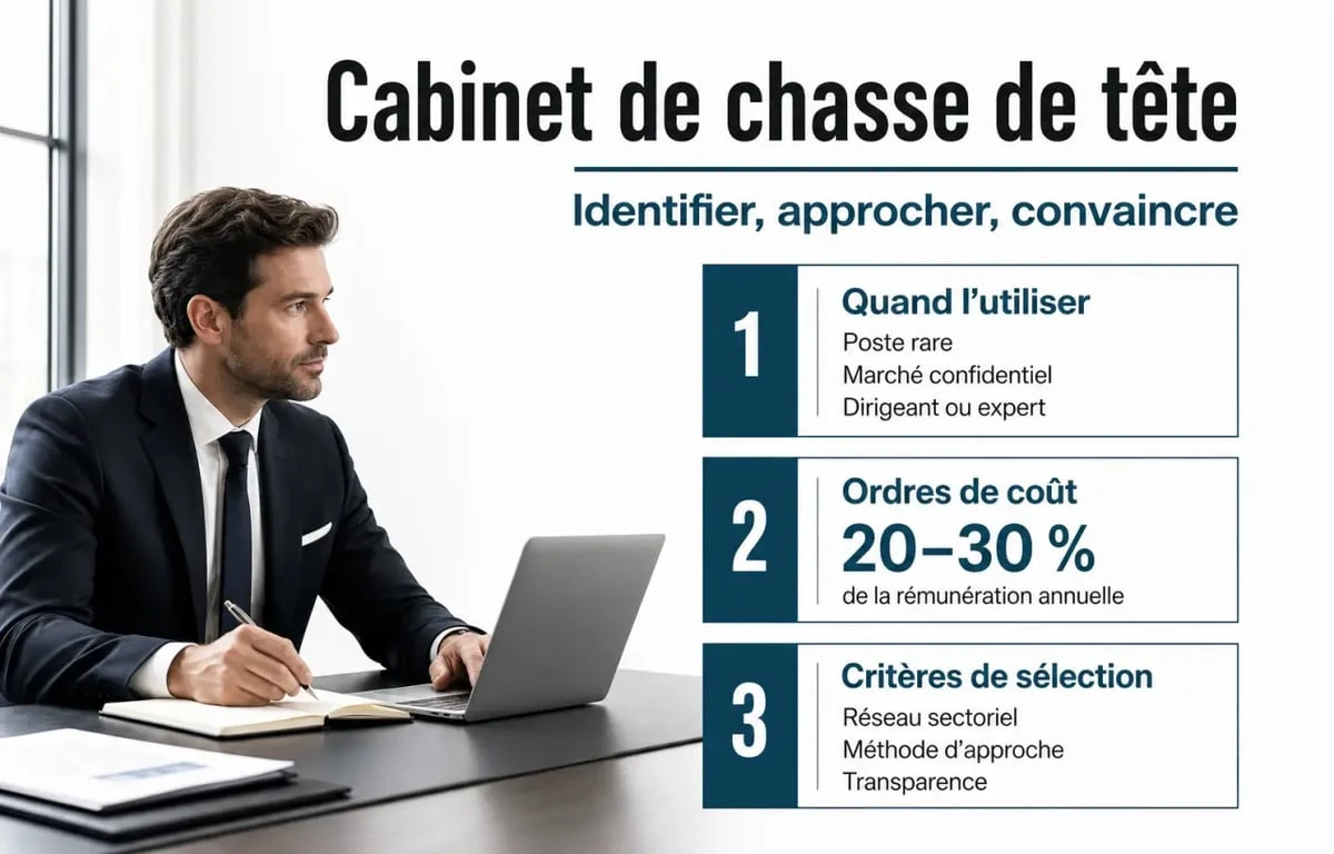 Cabinet de chasse de tête : illustration éditoriale sur les coûts et critères de sélection