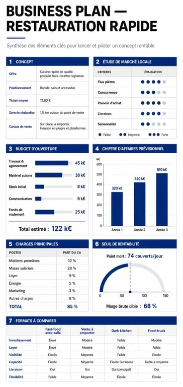 Business plan restauration rapide : infographie synthétique des étapes, du budget et de la rentabilité