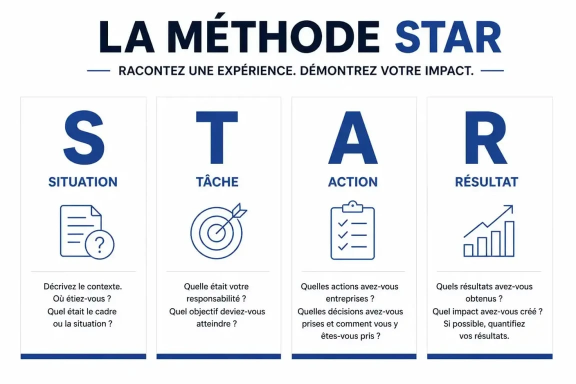 Infographie explicative de la méthode STAR pour réussir son entretien d'embauche et répondre aux questions du recruteur.