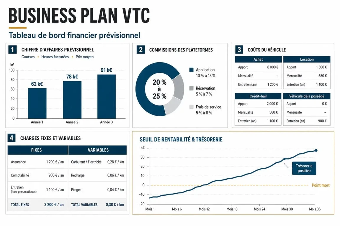 Business plan VTC : tableau financier avec chiffre d'affaires, commissions, charges et seuil de rentabilité