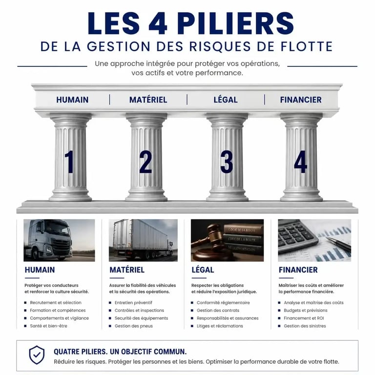 Schéma des 4 piliers pour optimiser la gestion des risques liés à votre flotte automobile professionnelle