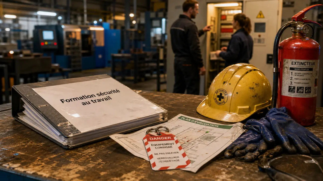 Formation sécurité au travail : classeur, plan d’évacuation et équipement chantier en entreprise