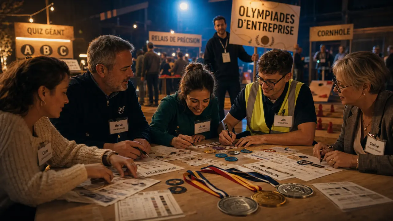 Olympiades entreprise, équipe au quiz et ateliers, ambiance inclusive