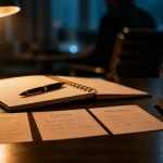 Questionnaire entretien d embauche, carnet et fiches de préparation sur table