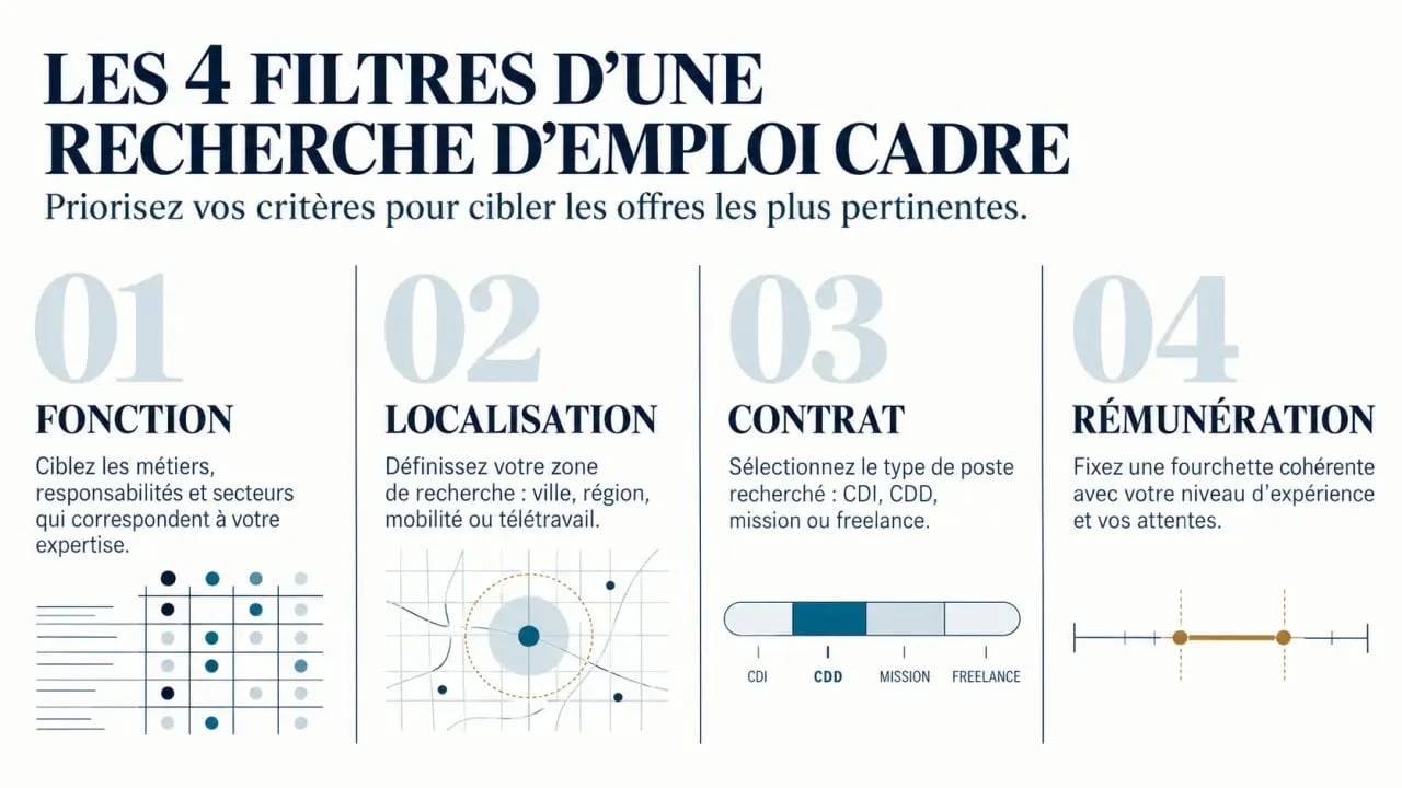 Infographie des quatre filtres essentiels pour une recherche emploi cadre : fonction, localisation, contrat et rémunération