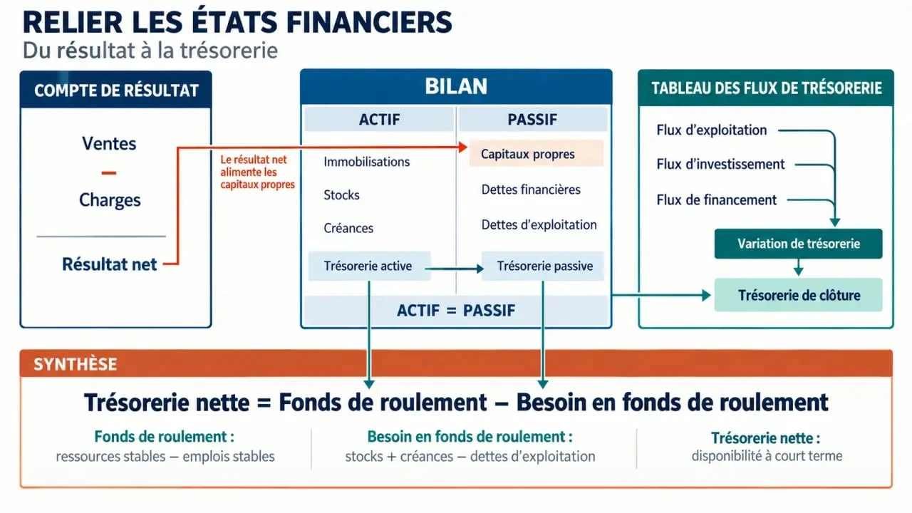 Analyse financière pour les nuls : schéma des trois documents financiers et de la trésorerie nette