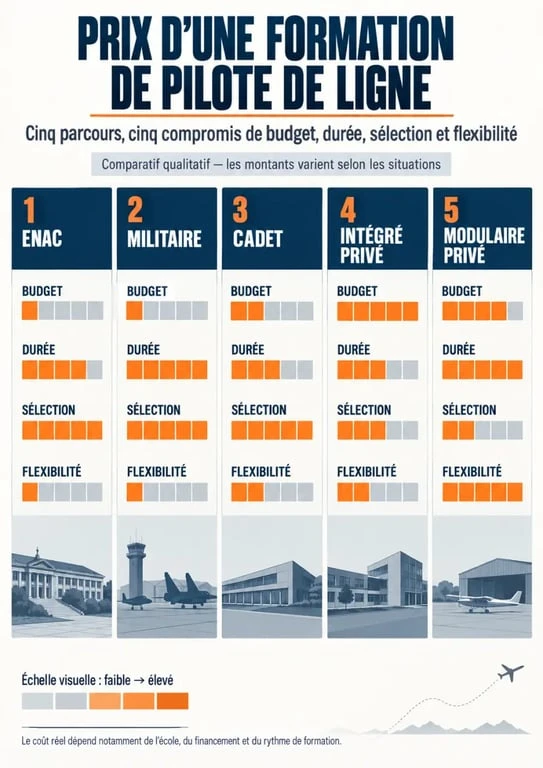 Infographie sur le formation pilote de ligne prix selon les différents parcours
