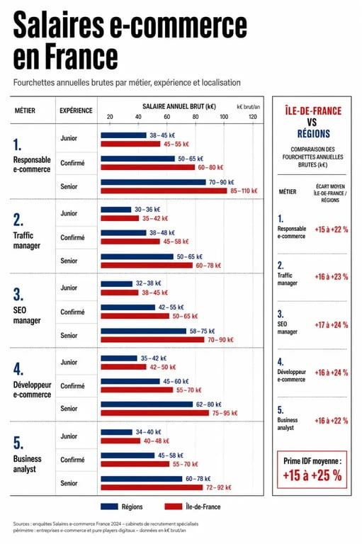 E commerce salaire en France présenté en infographie éditoriale avec fourchettes par métier, expérience et localisation