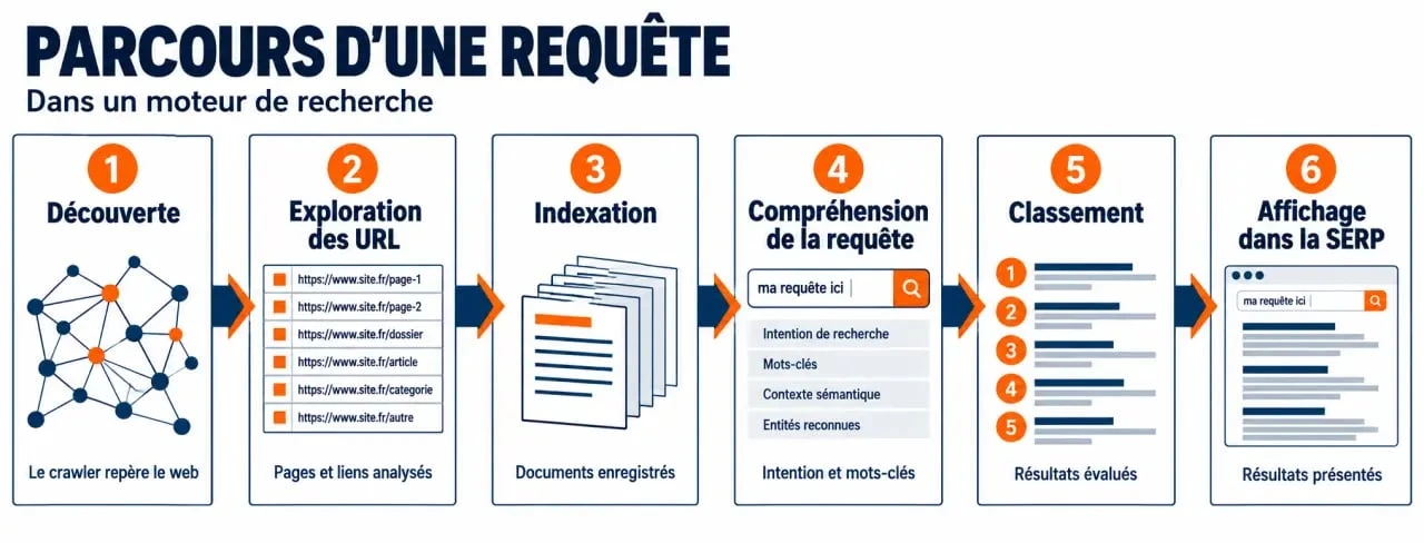 Formation algorithmie des moteurs de recherche en ligne : schéma du crawl à l'affichage dans la SERP