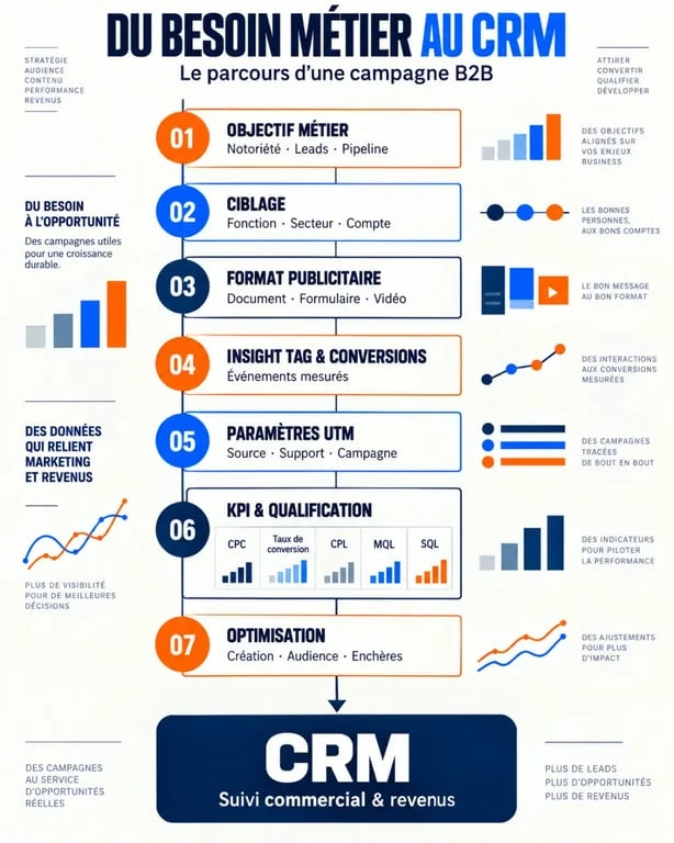 Formation LinkedIn Ads en ligne : parcours d'une campagne B2B du ciblage au suivi CRM