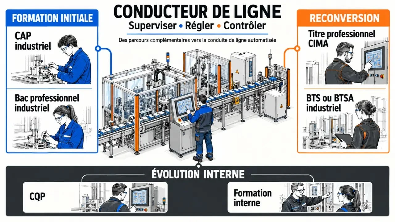 Infographie sur les parcours de formation conducteur de ligne et la supervision d’une ligne automatisée