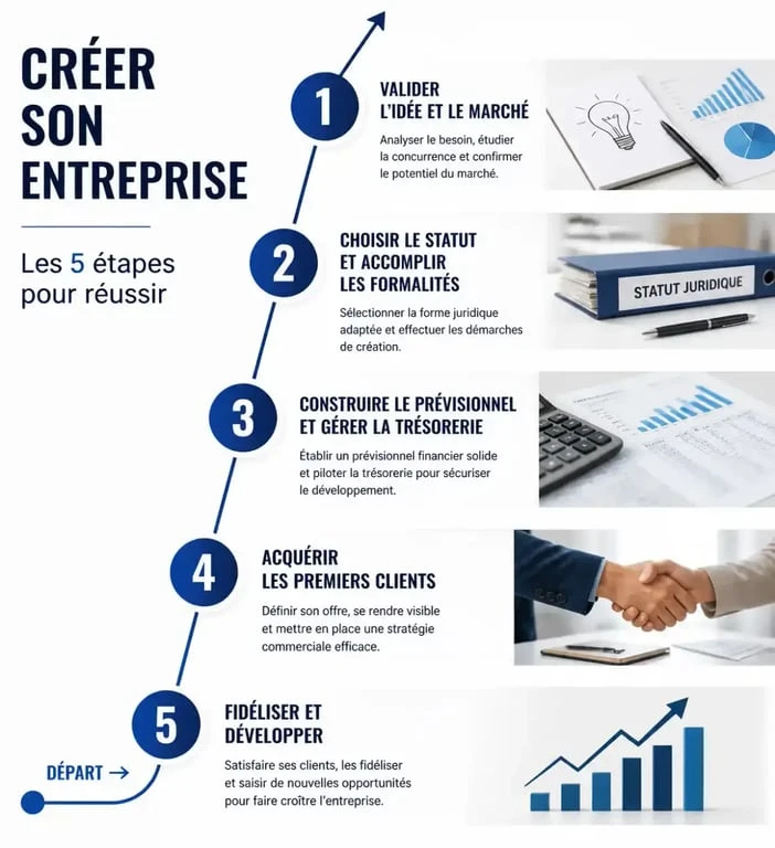 Parcours de créer entreprise formation construistonbusiness.fr en cinq étapes, de l'idée aux premiers clients