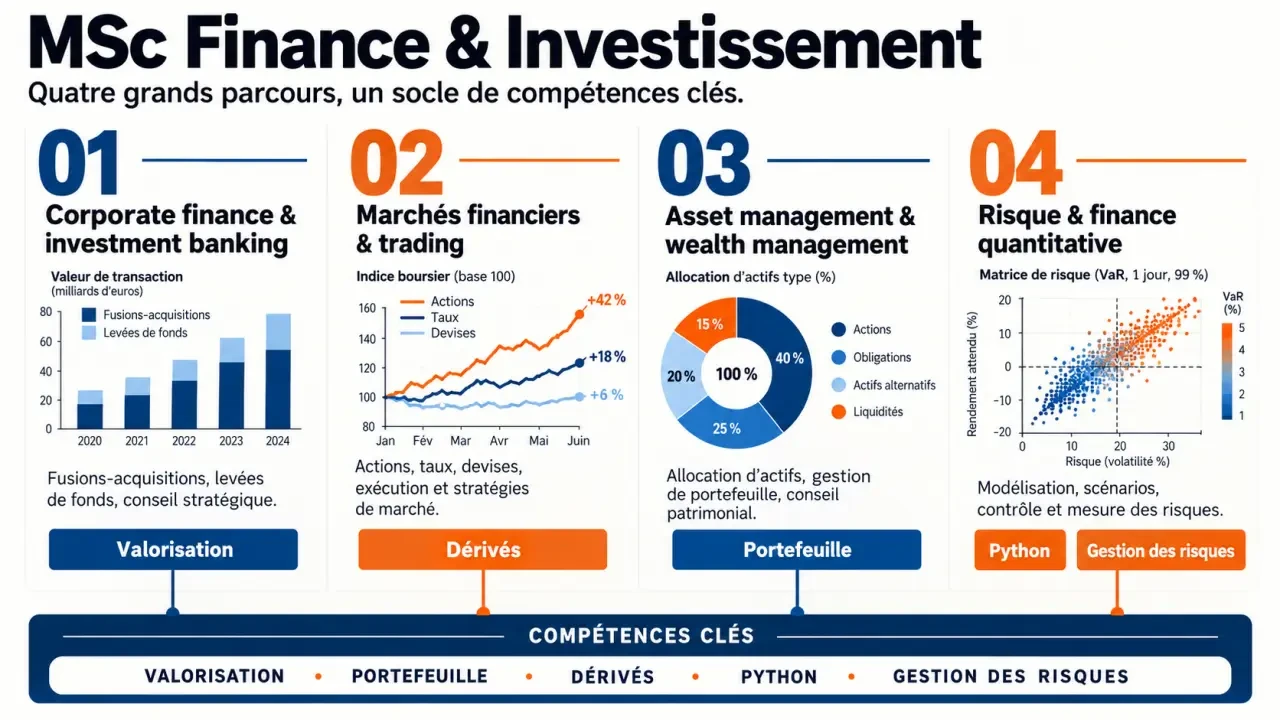 Infographie des spécialisations d’un MSc finance et investissement et des métiers associés