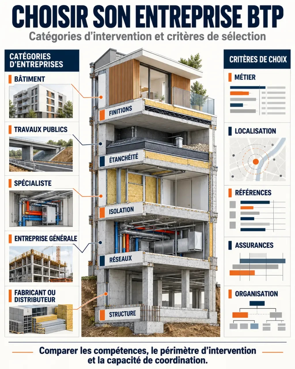 Infographie sur les critères pour choisir une société BTP selon les métiers du bâtiment et des travaux publics