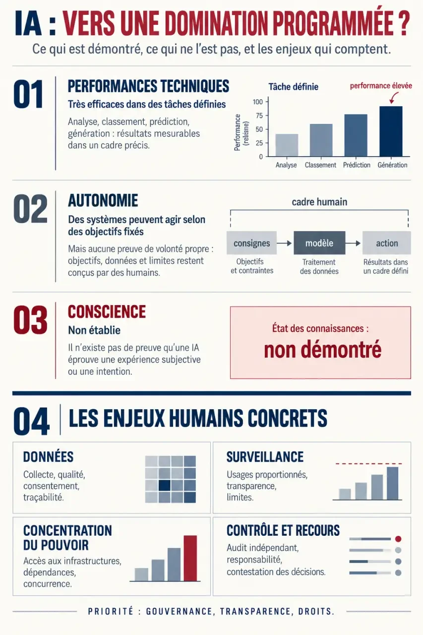 Infographie sur l’intelligence artificielle vers une domination programmée, distinguant performance, autonomie, conscience et pouvoir humain
