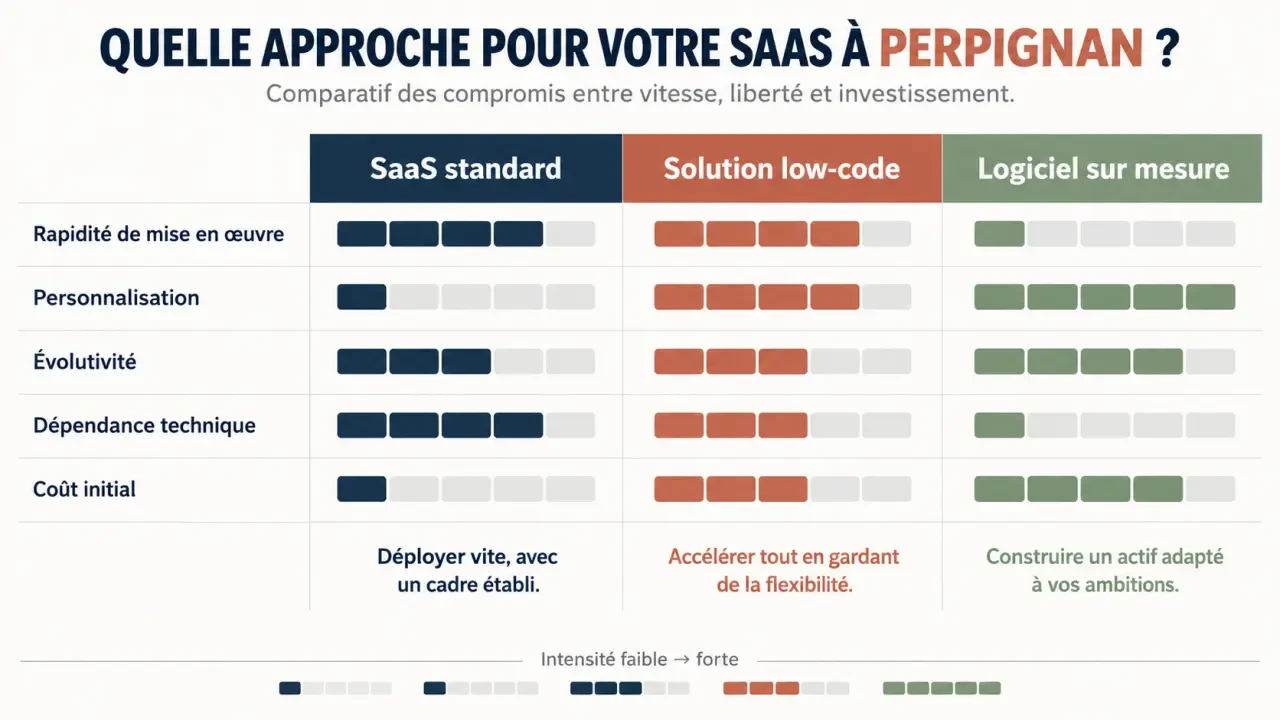 Comparaison des options pour un logiciel SaaS à Perpignan : solution standard, low-code et développement sur mesure