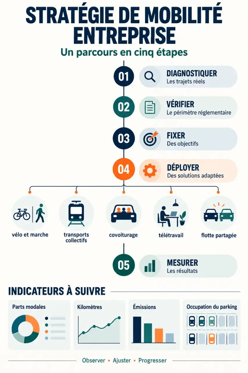 Infographie sur la stratégie mobilité entreprise et les étapes du plan de mobilité employeur